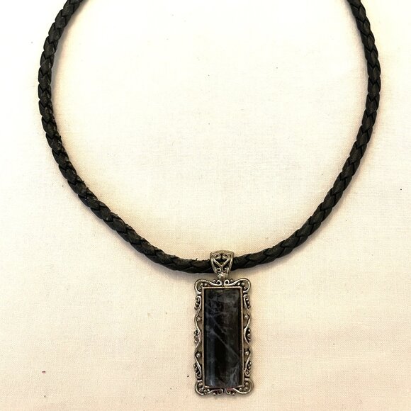 18" Choker Necklace Blue Marbled Stone Pendant Black Braided Vinyl Rope Handmade - Picture 6 of 6